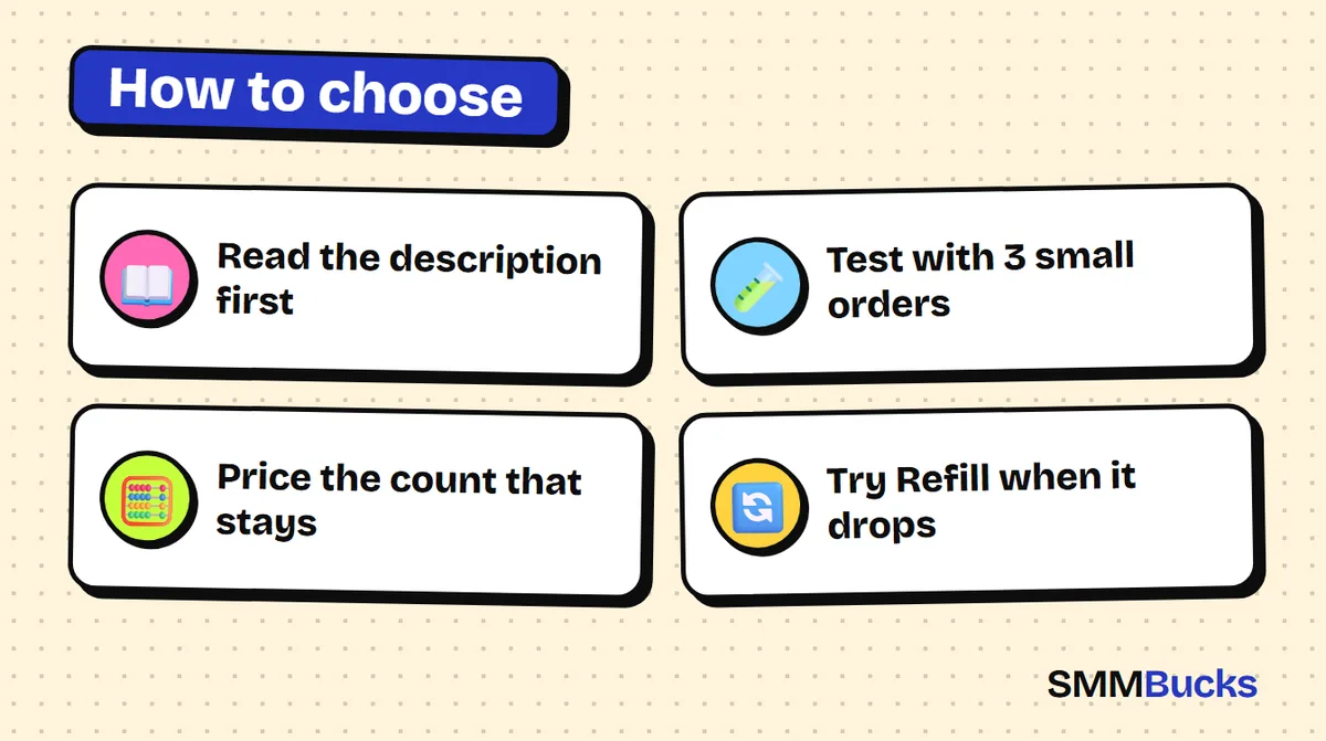 How to choose: Read the description first, Test with 3 small orders, Price the count that stays, Try Refill when it drops
