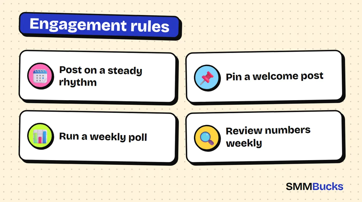 Engagement rules: Post on a steady rhythm, Pin a welcome post, Run a weekly poll, Review numbers weekly
