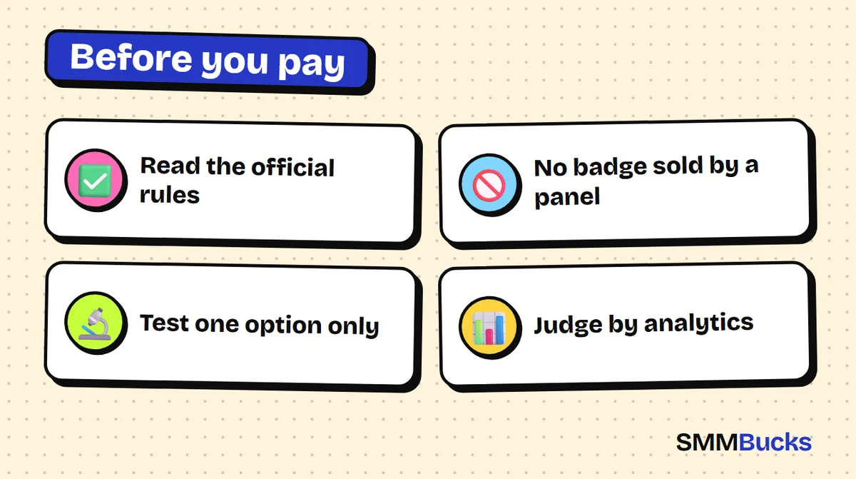 Before you pay: Read the official rules, No badge sold by a panel, Test one option only, Judge by analytics