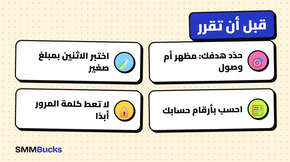 قبل أن تقرر: حدّد هدفك: مظهر أم وصول، اختبر الاثنين بمبلغ صغير، احسب بأرقام حسابك، لا تعط كلمة المرور أبدًا