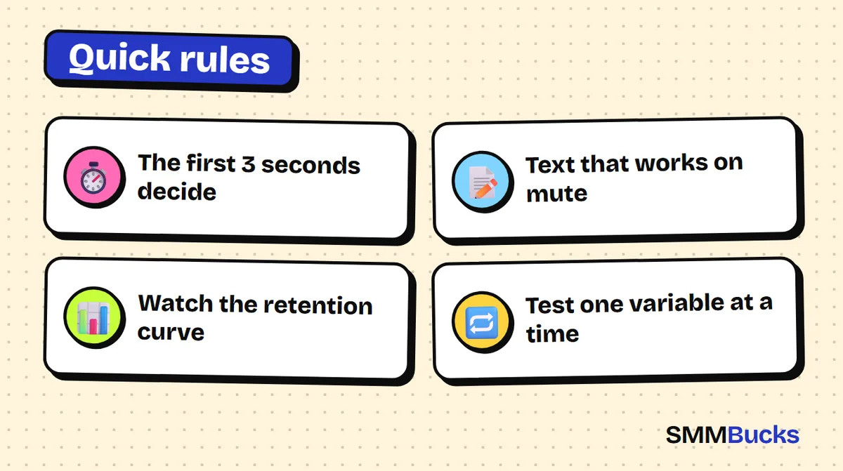 Quick rules: The first 3 seconds decide, Text that works on mute, Watch the retention curve, Test one variable at a time