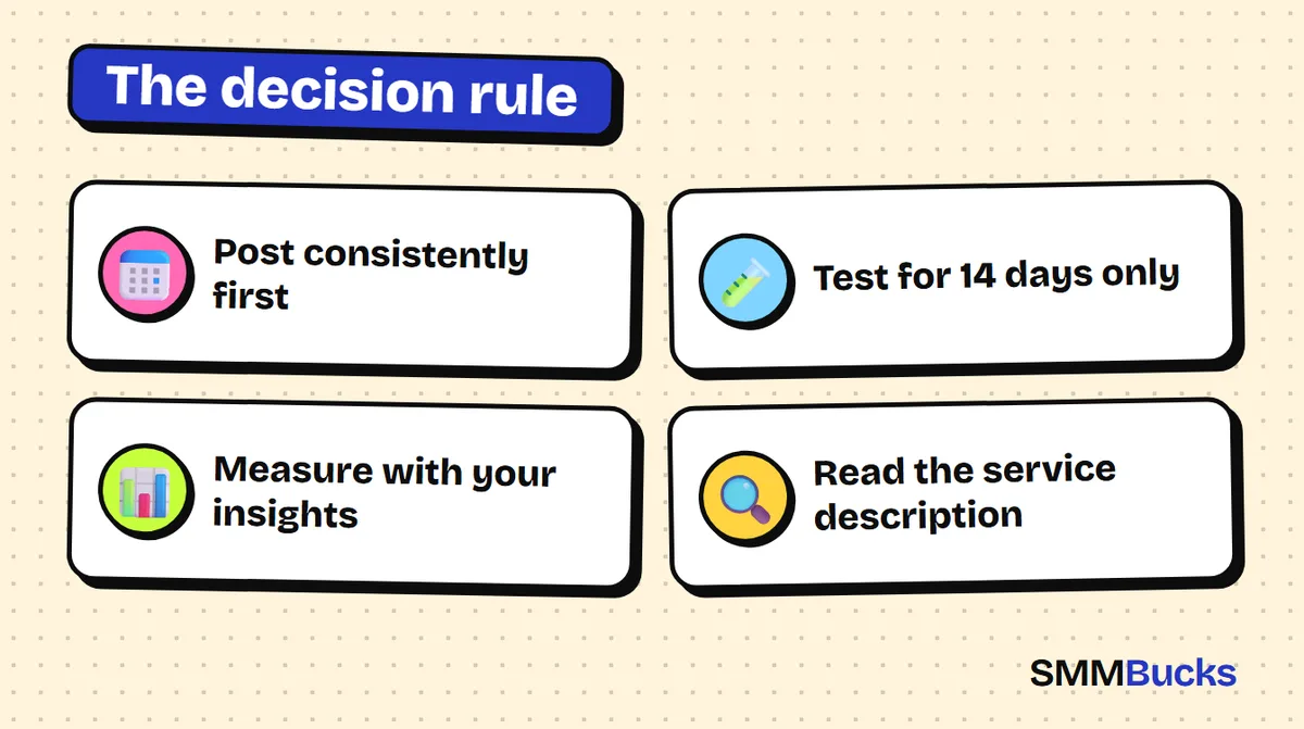 The decision rule: Post consistently first, Test for 14 days only, Measure with your insights, Read the service description