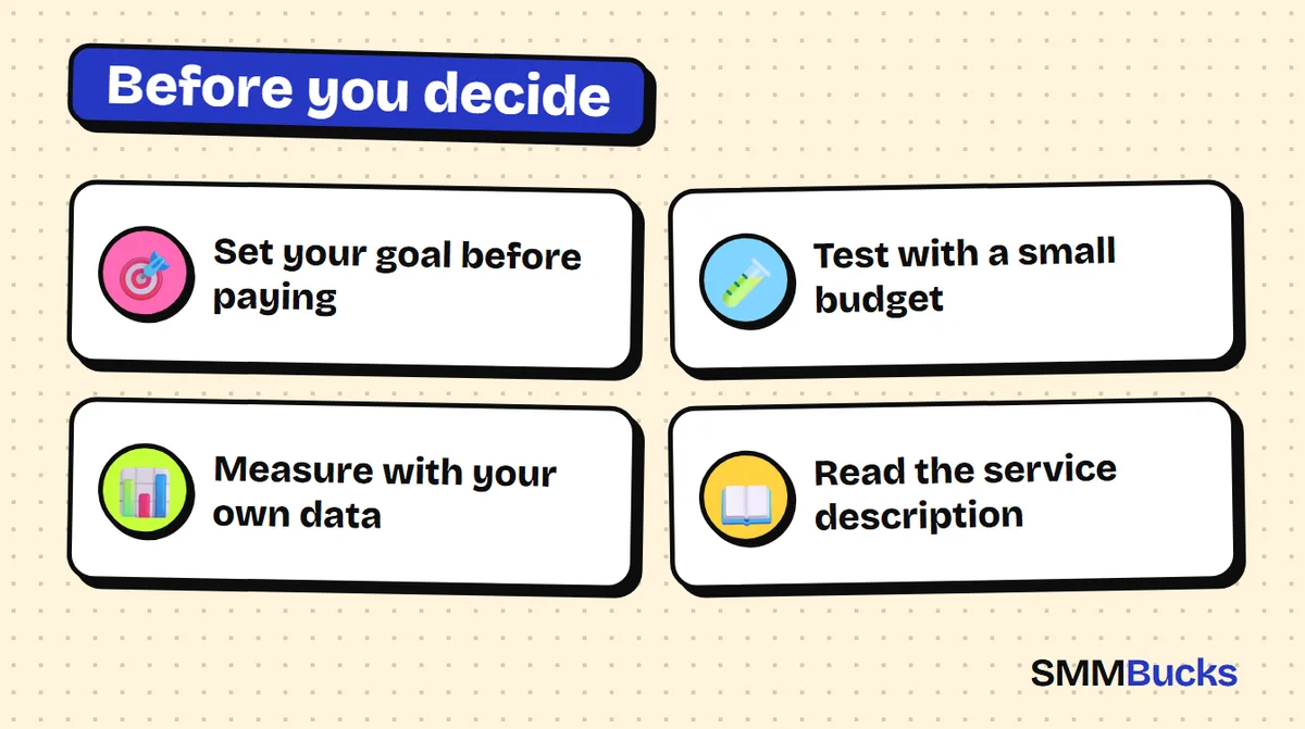 Before you decide: Set your goal before paying, Test with a small budget, Measure with your own data, Read the service description