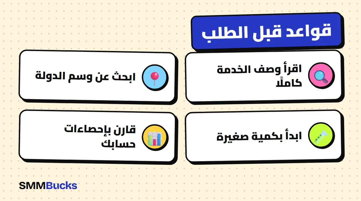 قواعد قبل الطلب: اقرأ وصف الخدمة كاملًا، ابحث عن وسم الدولة، ابدأ بكمية صغيرة، قارن بإحصاءات حسابك
