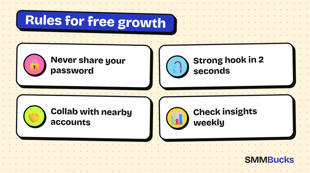 Rules for free growth: Never share your password, Strong hook in 2 seconds, Collab with nearby accounts, Check insights weekly