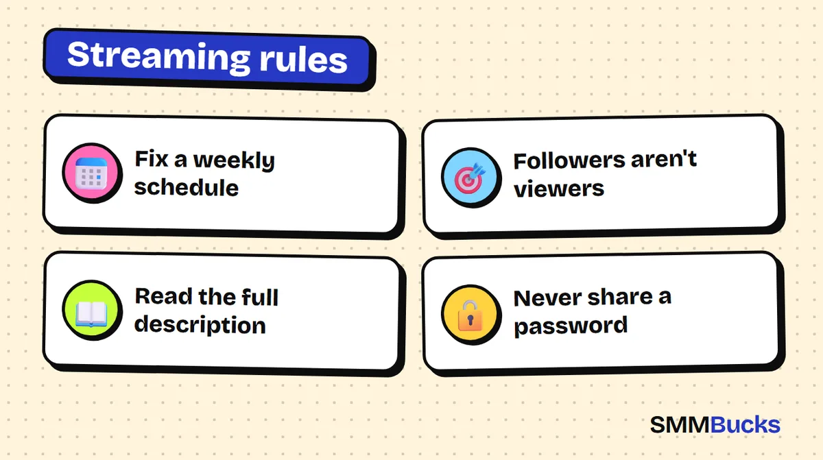 Streaming rules: Fix a weekly schedule, Followers aren't viewers, Read the full description, Never share a password