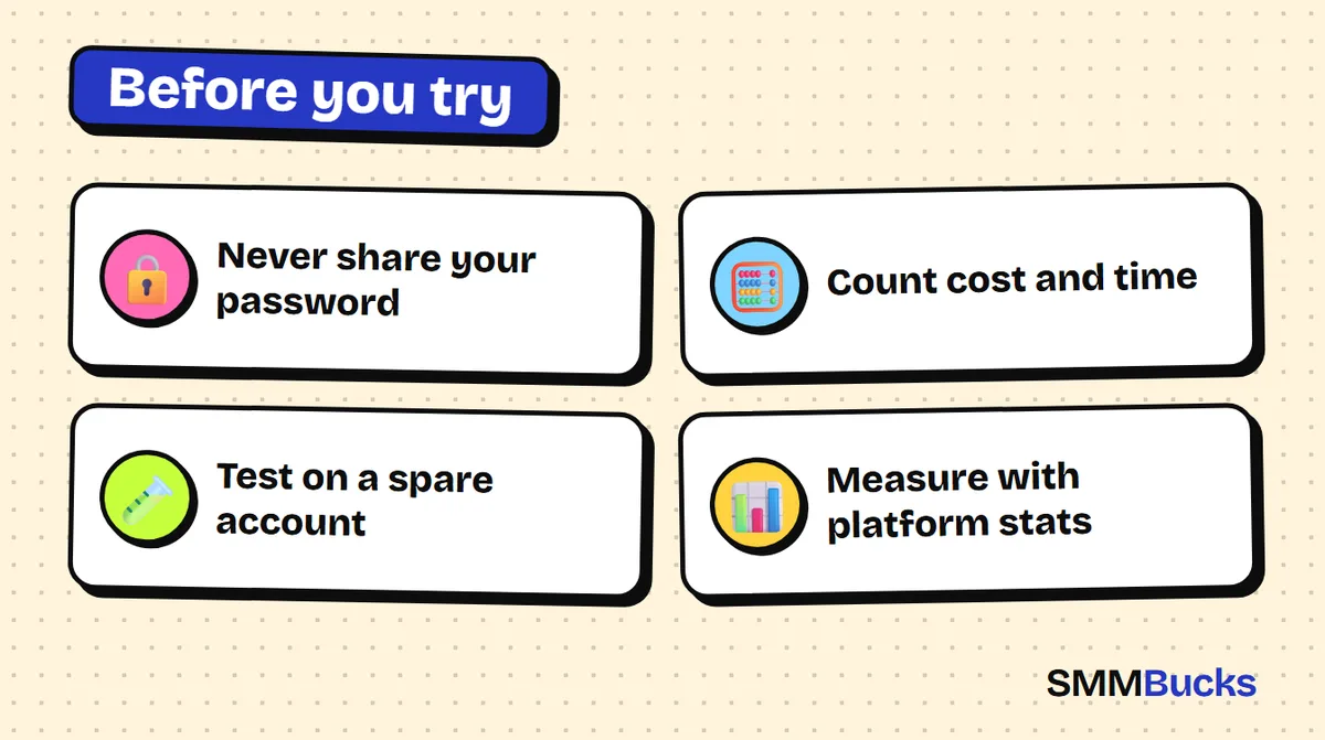 Before you try: Never share your password, Count cost and time, Test on a spare account, Measure with platform stats