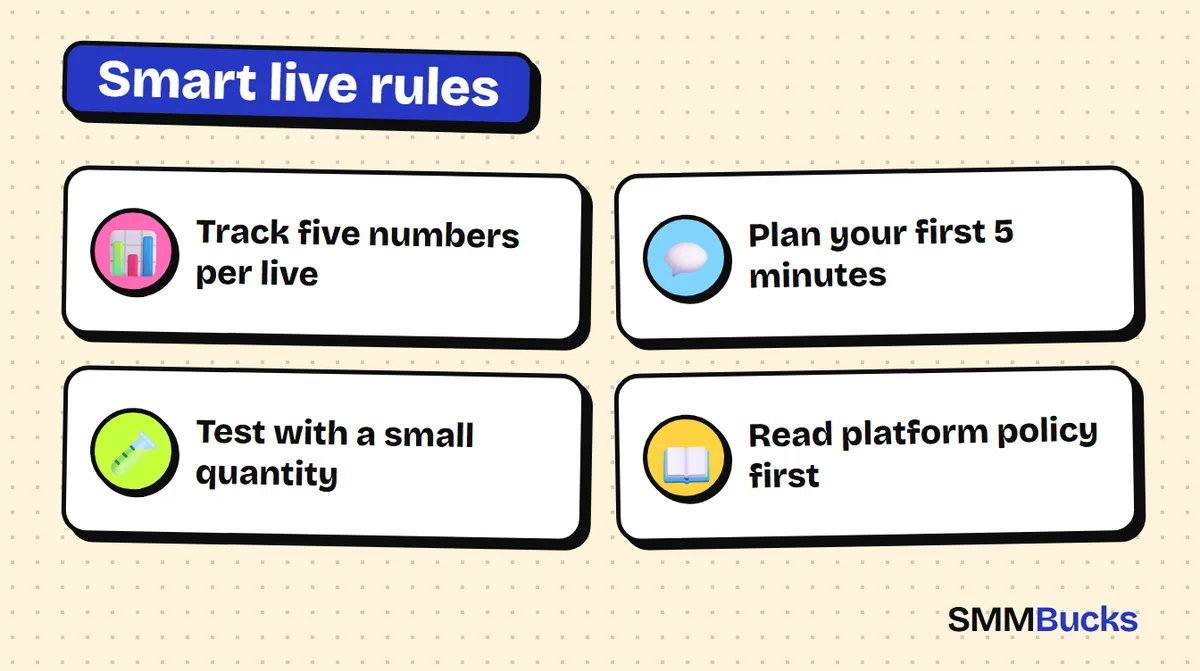 Smart live rules: Track five numbers per live, Plan your first 5 minutes, Test with a small quantity, Read platform policy first