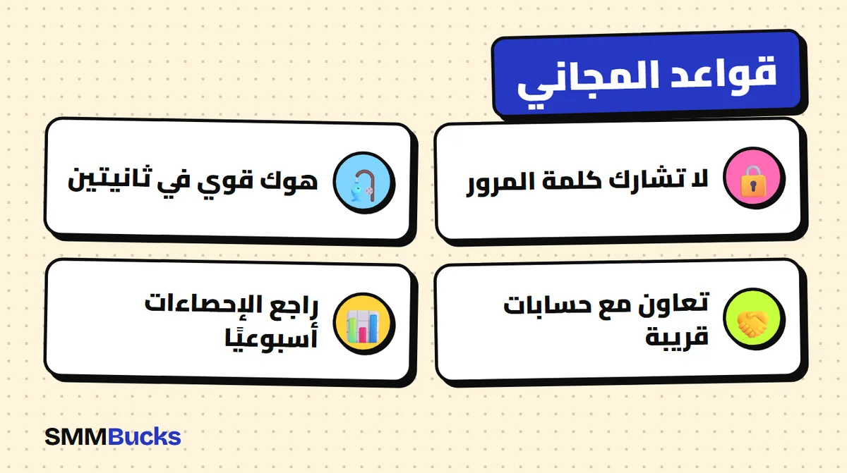 قواعد المجاني: لا تشارك كلمة المرور، هوك قوي في ثانيتين، تعاون مع حسابات قريبة، راجع الإحصاءات أسبوعيًا