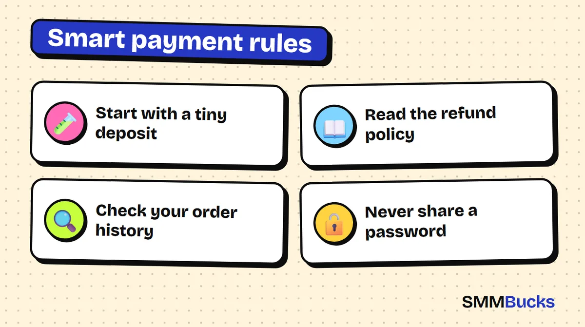 Smart payment rules: Start with a tiny deposit, Read the refund policy, Check your order history, Never share a password