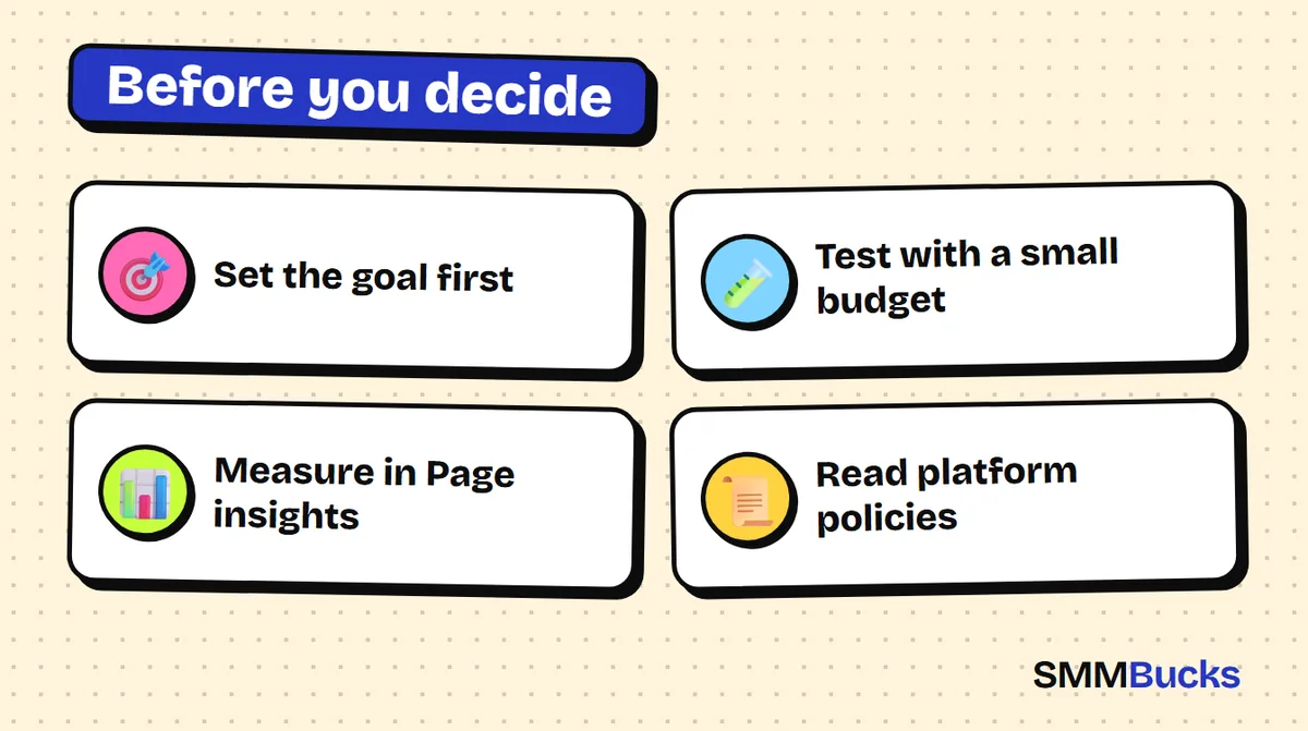 Before you decide: Set the goal first, Test with a small budget, Measure in Page insights, Read platform policies