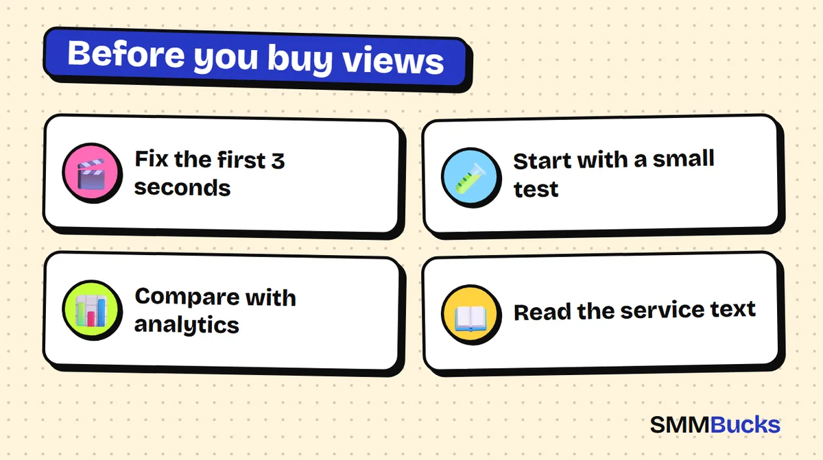 Before you buy views: Fix the first 3 seconds, Start with a small test, Compare with analytics, Read the service text