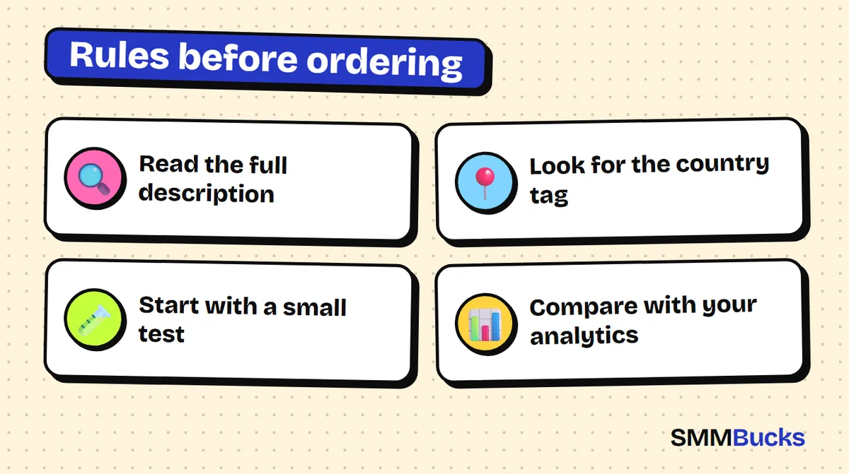 Rules before ordering: Read the full description, Look for the country tag, Start with a small test, Compare with your analytics