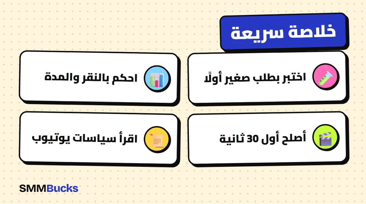 خلاصة سريعة: اختبر بطلب صغير أولًا، احكم بالنقر والمدة، أصلح أول 30 ثانية، اقرأ سياسات يوتيوب
