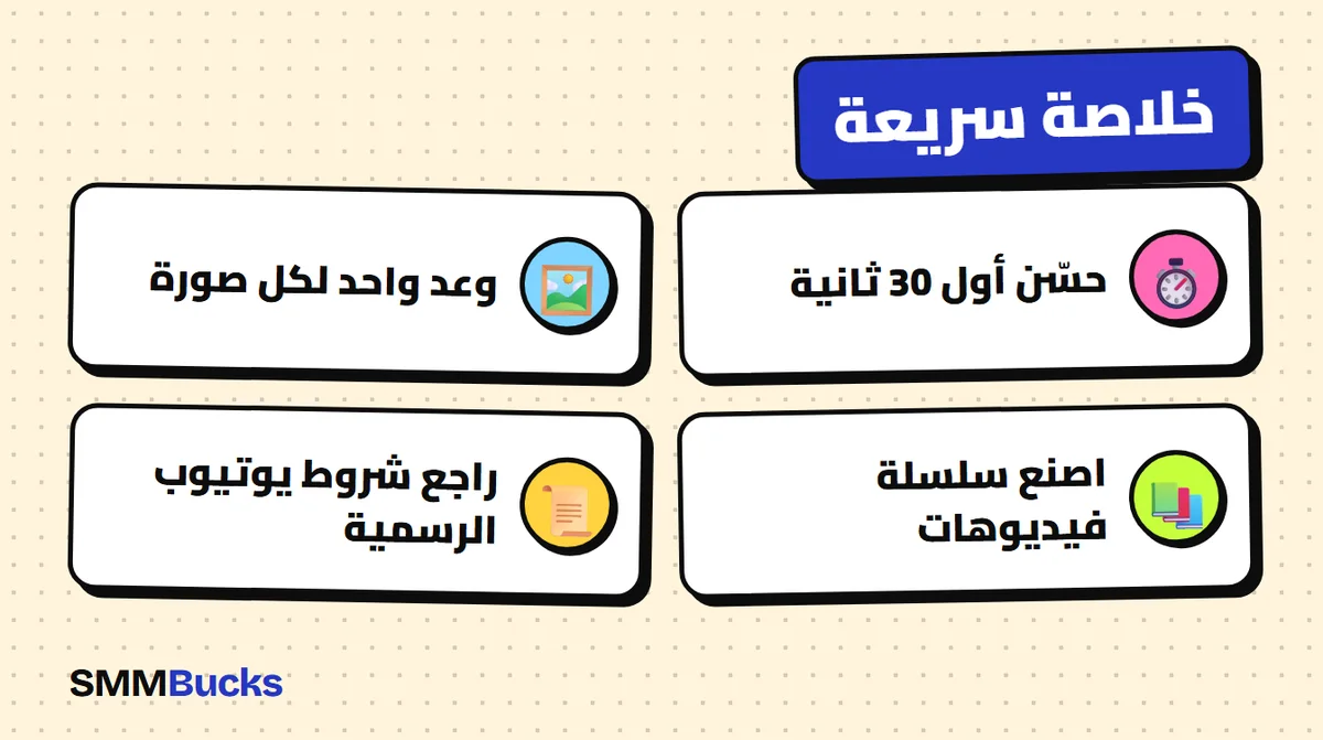 خلاصة سريعة: حسّن أول 30 ثانية، وعد واحد لكل صورة، اصنع سلسلة فيديوهات، راجع شروط يوتيوب الرسمية