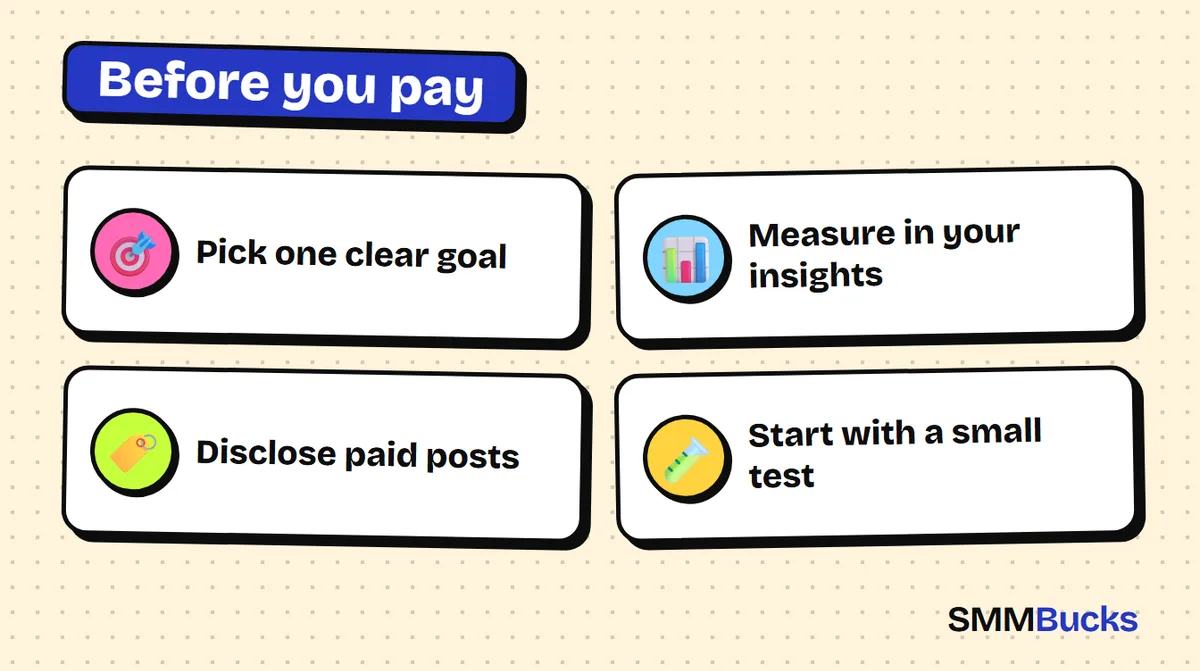 Before you pay: Pick one clear goal, Measure in your insights, Disclose paid posts, Start with a small test