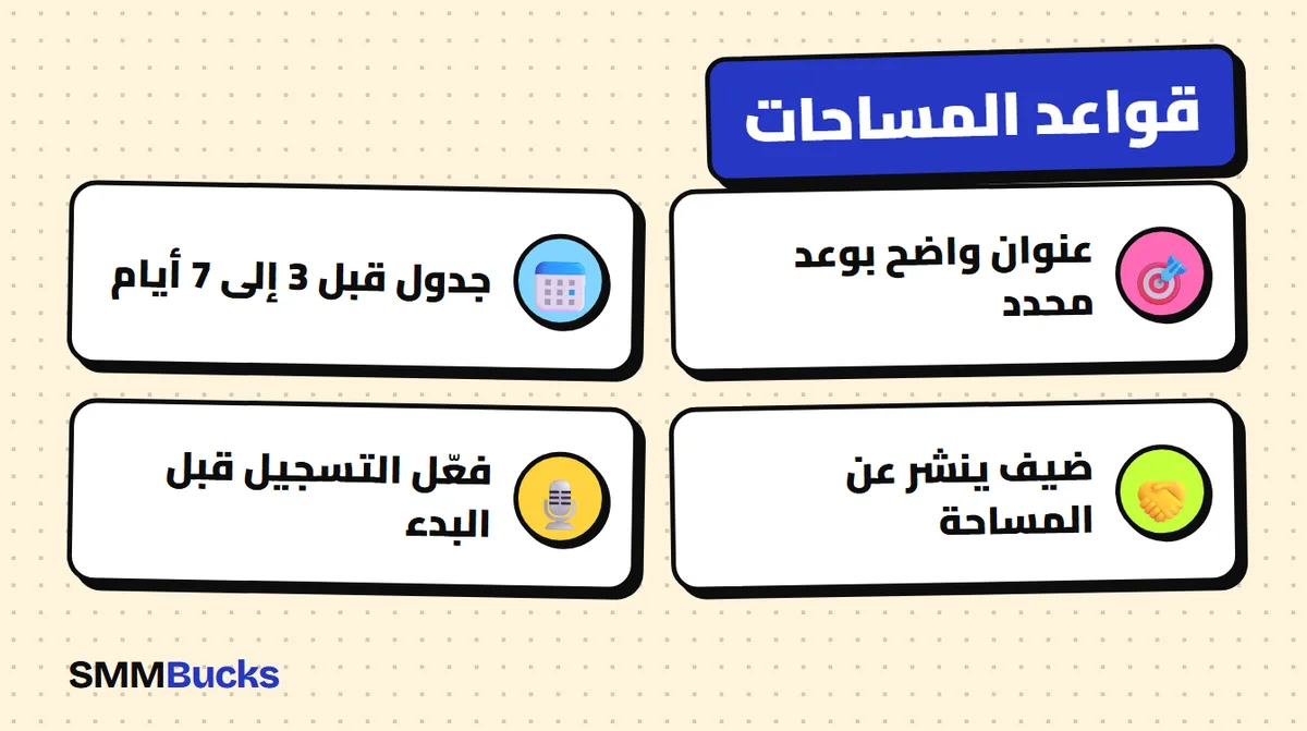 قواعد المساحات: عنوان واضح بوعد محدد، جدول قبل 3 إلى 7 أيام، ضيف ينشر عن المساحة، فعّل التسجيل قبل البدء