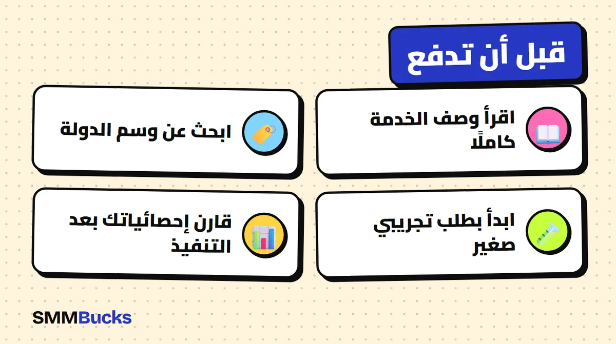 قبل أن تدفع: اقرأ وصف الخدمة كاملًا، ابحث عن وسم الدولة، ابدأ بطلب تجريبي صغير، قارن إحصائياتك بعد التنفيذ