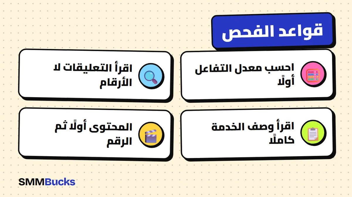 قواعد الفحص: احسب معدل التفاعل أولًا، اقرأ التعليقات لا الأرقام، اقرأ وصف الخدمة كاملًا، المحتوى أولًا ثم الرقم