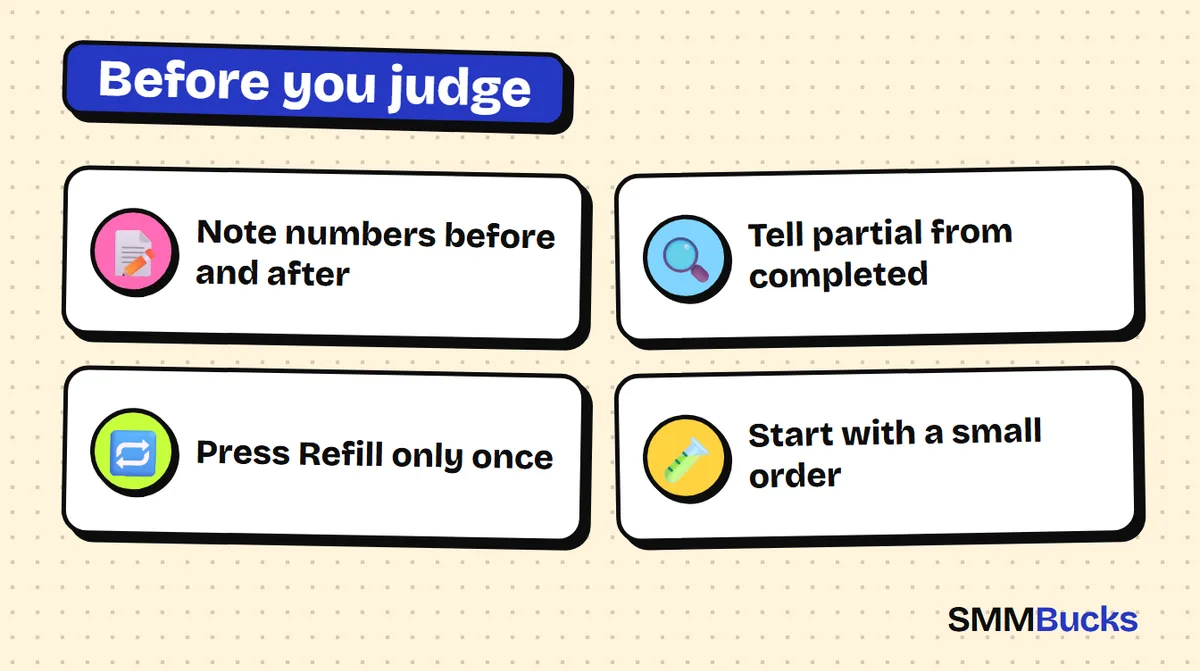 Before you judge: Note numbers before and after, Tell partial from completed, Press Refill only once, Start with a small order