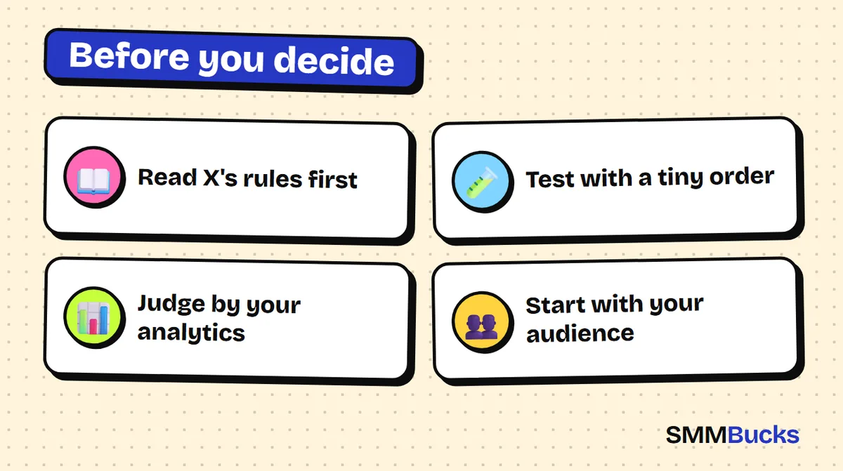 Before you decide: Read X's rules first, Test with a tiny order, Judge by your analytics, Start with your audience