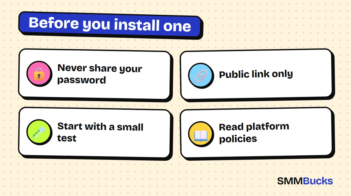 Before you install one: Never share your password, Public link only, Start with a small test, Read platform policies