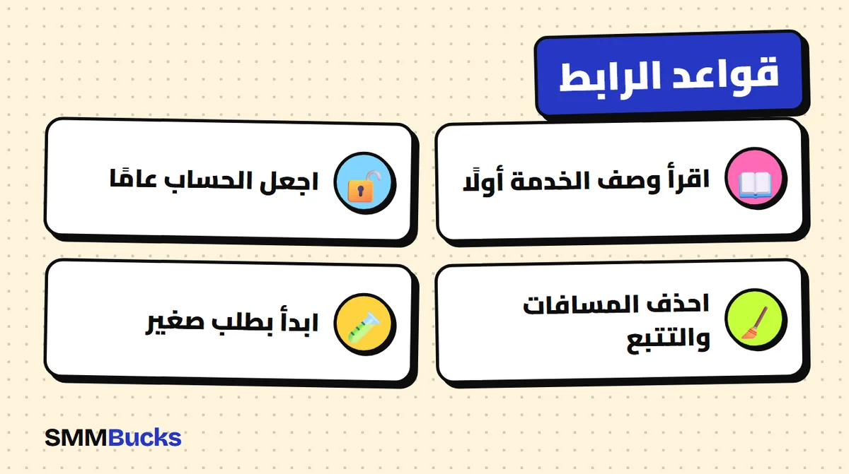 قواعد الرابط: اقرأ وصف الخدمة أولًا، اجعل الحساب عامًا، احذف المسافات والتتبع، ابدأ بطلب صغير