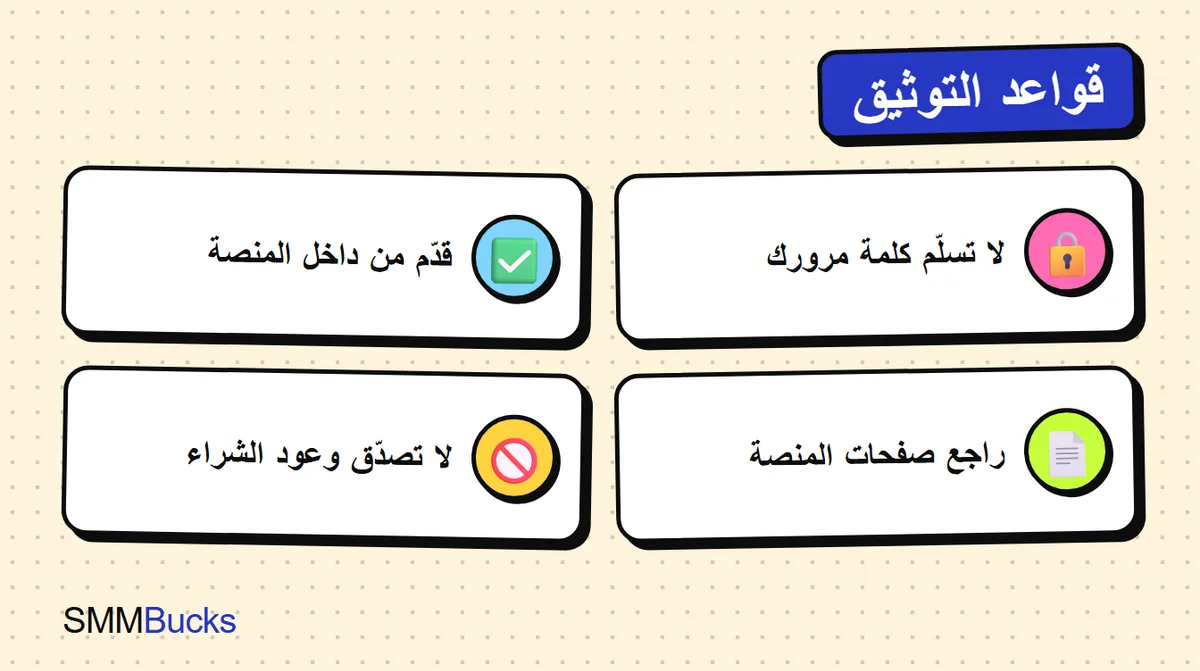 قواعد التوثيق: لا تسلّم كلمة مرورك، قدّم من داخل المنصة، راجع صفحات المنصة، لا تصدّق وعود الشراء