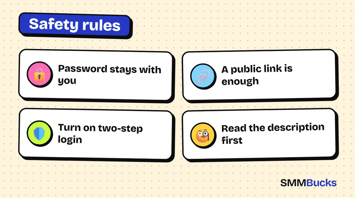 Safety rules: Password stays with you, A public link is enough, Turn on two-step login, Read the description first