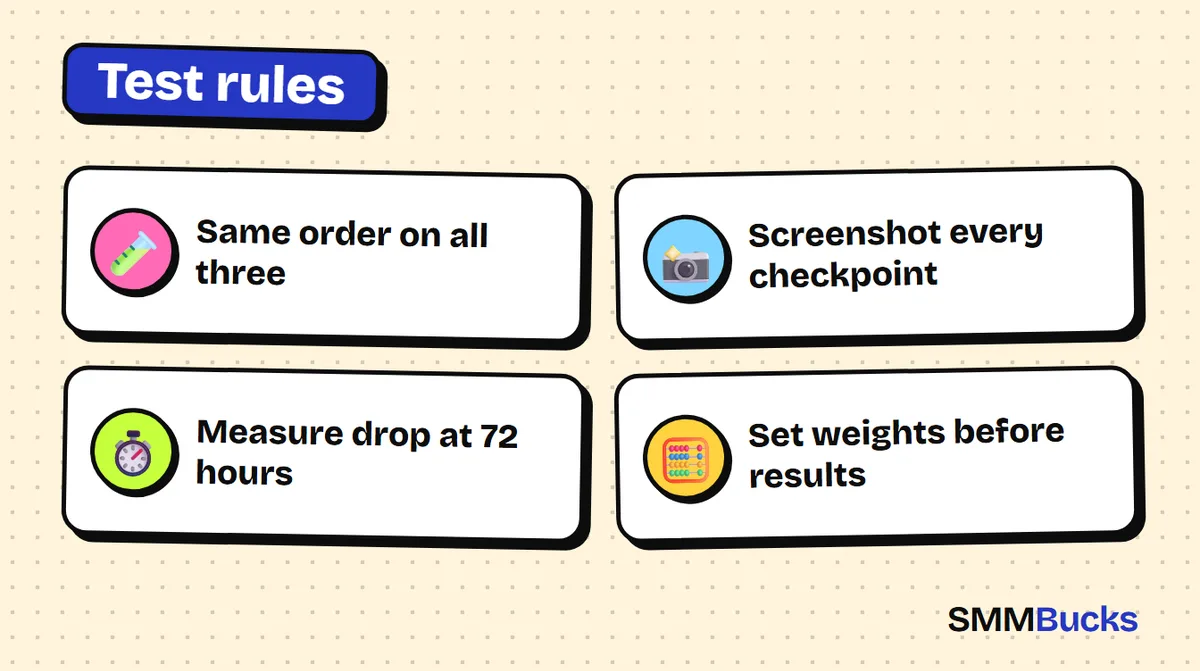Test rules: Same order on all three, Screenshot every checkpoint, Measure drop at 72 hours, Set weights before results