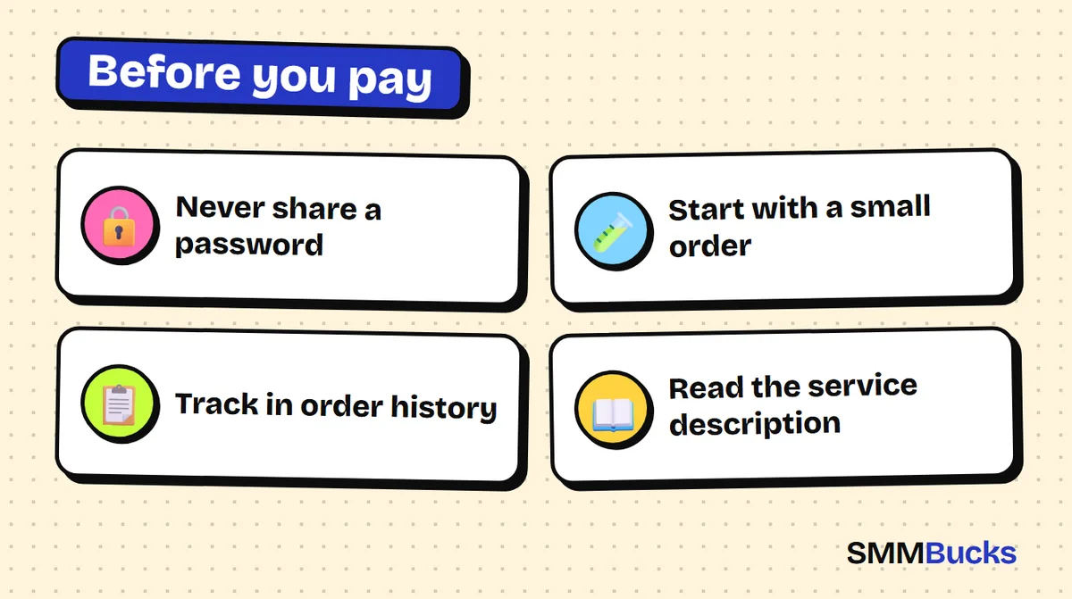 Before you pay: Never share a password, Start with a small order, Track in order history, Read the service description