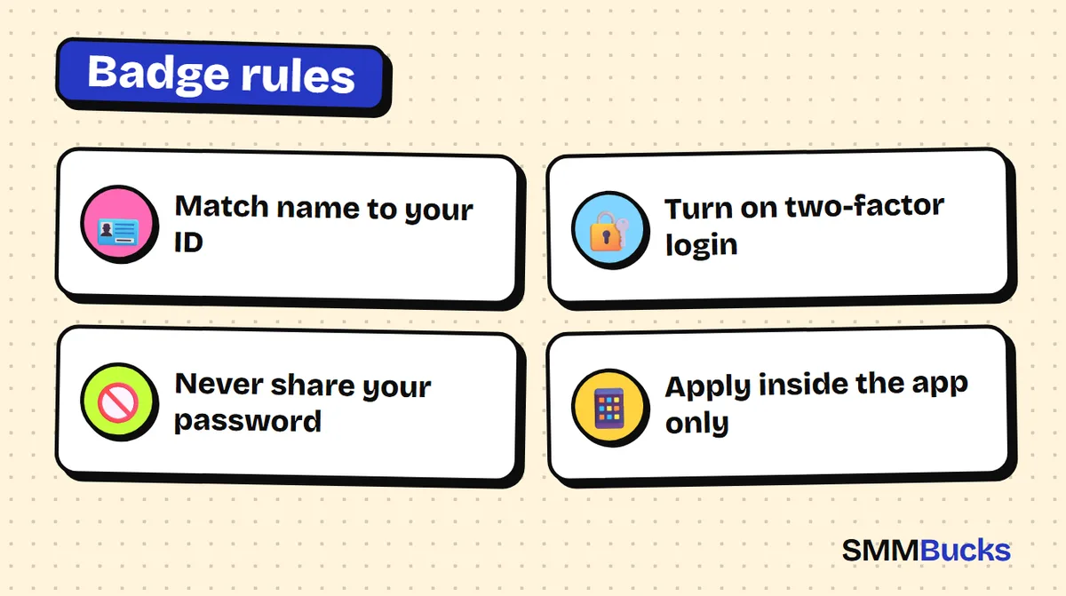 Badge rules: Match name to your ID, Turn on two-factor login, Never share your password, Apply inside the app only
