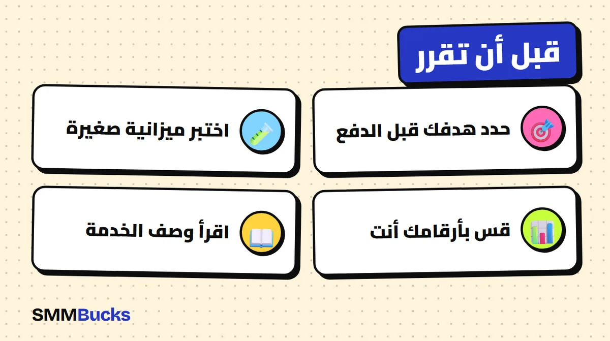 قبل أن تقرر: حدد هدفك قبل الدفع، اختبر ميزانية صغيرة، قس بأرقامك أنت، اقرأ وصف الخدمة
