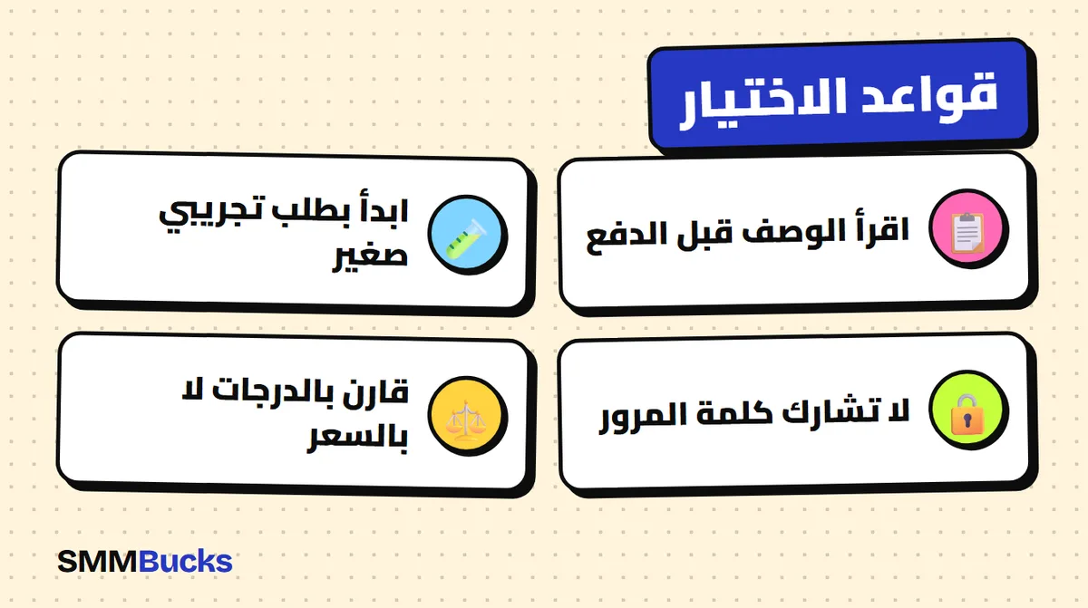 قواعد الاختيار: اقرأ الوصف قبل الدفع، ابدأ بطلب تجريبي صغير، لا تشارك كلمة المرور، قارن بالدرجات لا بالسعر