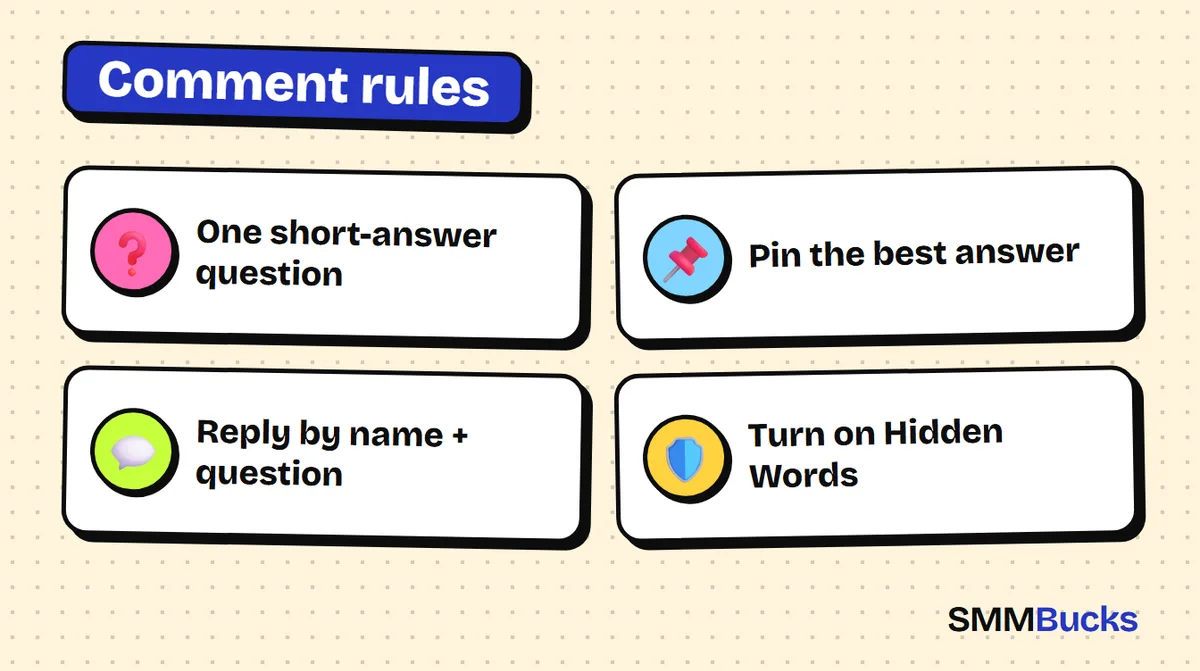 Comment rules: One short-answer question, Pin the best answer, Reply by name + question, Turn on Hidden Words