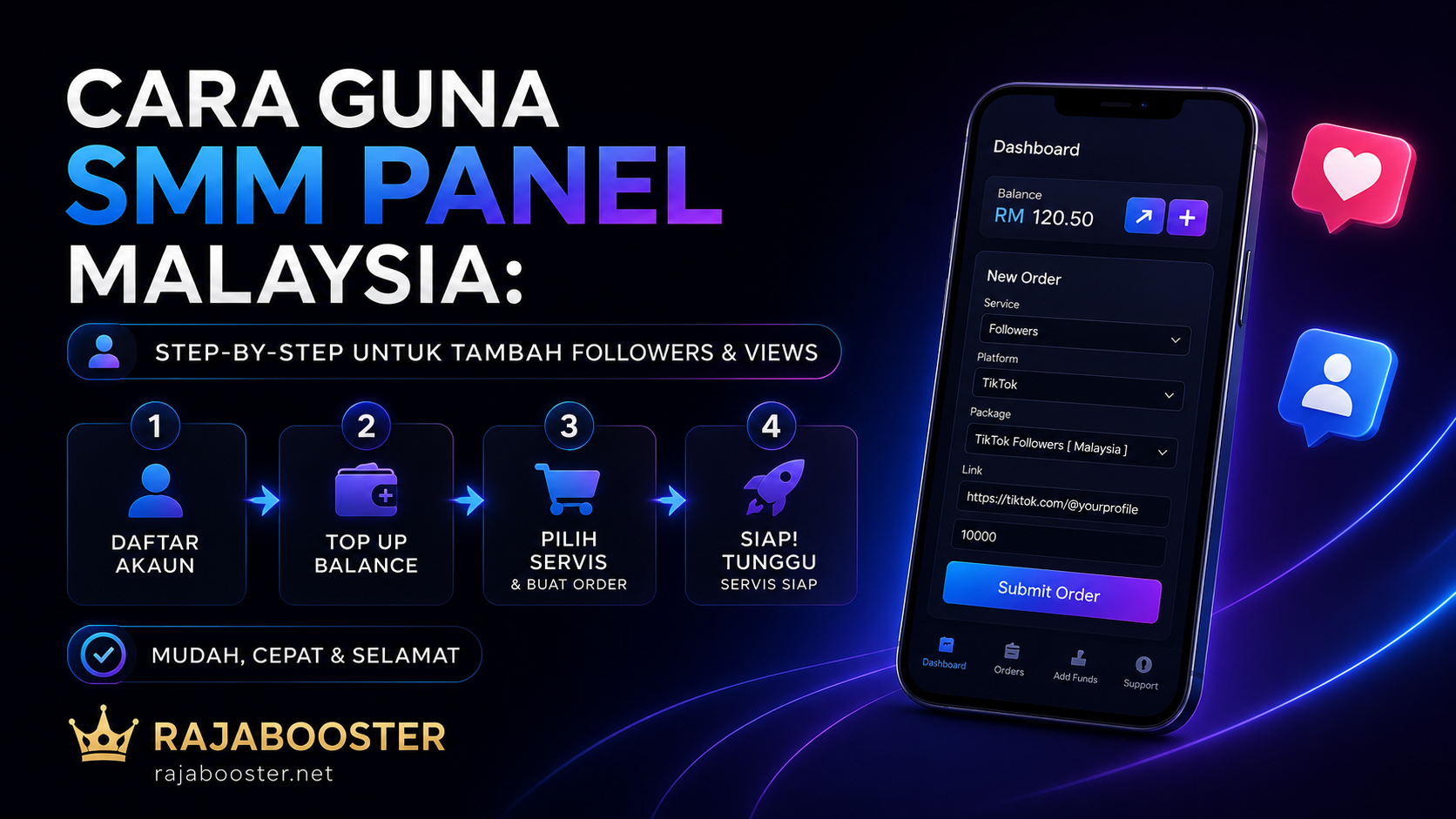 RajaBooster cara guna SMM Panel Malaysia tambah followers dan views 2026