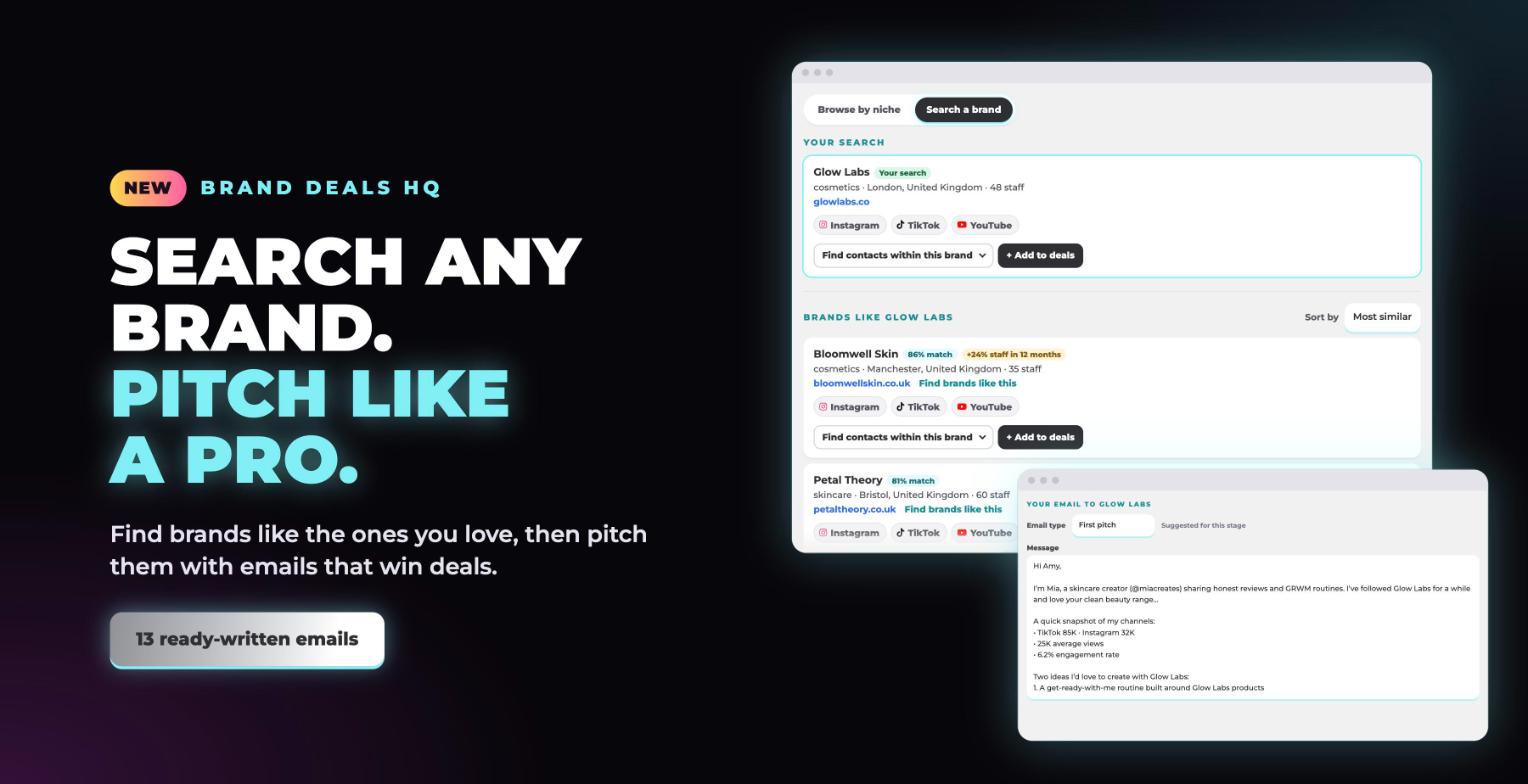 Brand Deals HQ: search any brand and pitch like a pro