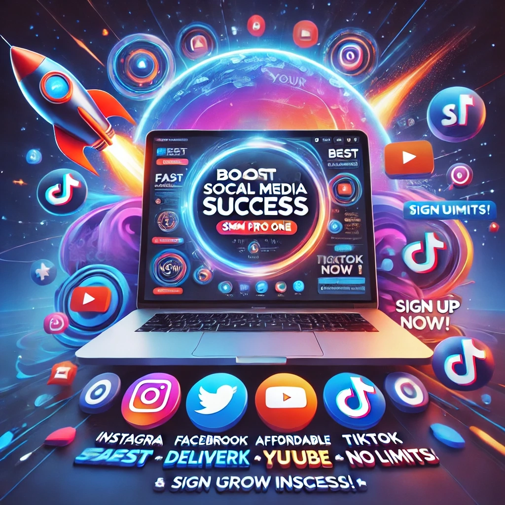 A vibrant promotional image for SMM Pro One, featuring a sleek and modern design with floating social media icons (Instagram, Facebook, YouTube, TikTok, Twitter). The main text highlights: '🚀 Boost Your Social Media Success with SMM Pro One! 🚀' along with key benefits: '✅ Fast Delivery ✅ Affordable Prices ✅ High-Quality Engagement ✅ No Limits.' A call-to-action at the bottom encourages users to 'Sign Up Now & Grow Instantly!