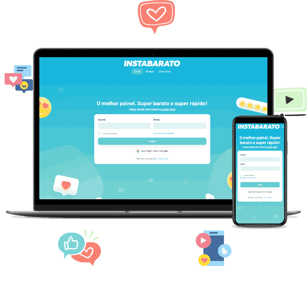 Tela de login do Instabarato exibida em um laptop e smartphone, destacando o painel de serviços para redes sociais com a frase 'O melhor painel. Super barato e super rápido!'