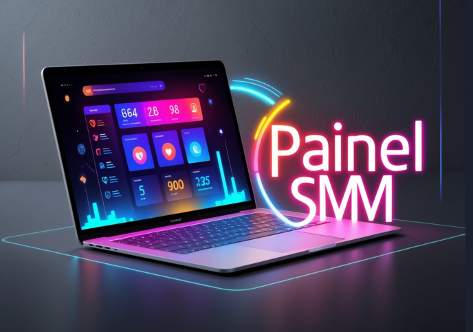 Imagem de um laptop exibindo um painel de controle digital com estatísticas de mídias sociais, como curtidas, seguidores e interações. As cores vibrantes em tons de neon, como roxo, azul e rosa, destacam os gráficos e ícones na tela. Ao lado do laptop, há o texto 