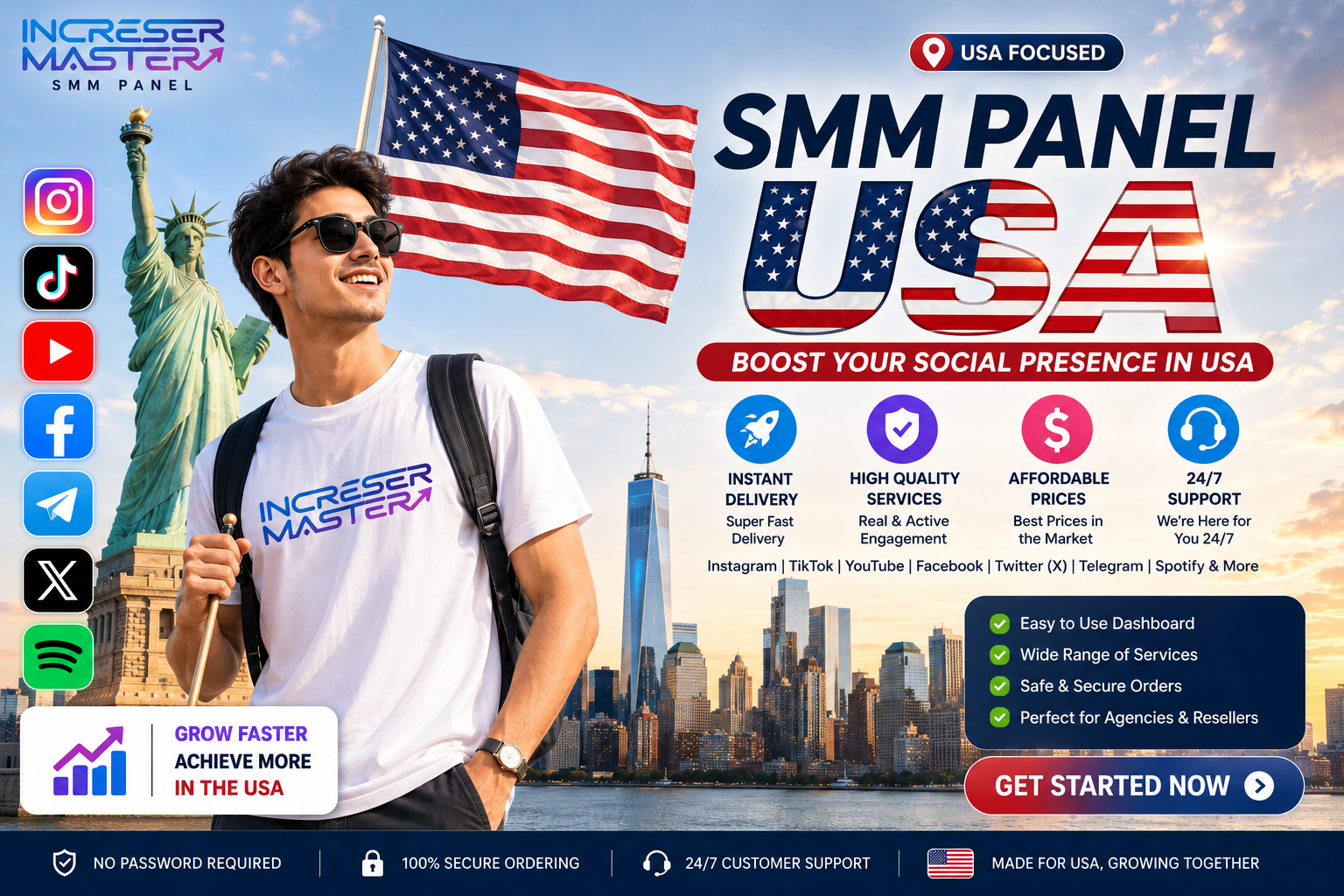 SMM Panel USA by IncreserMaster with American flag, Statue of Liberty, New York skyline, and social media marketing services