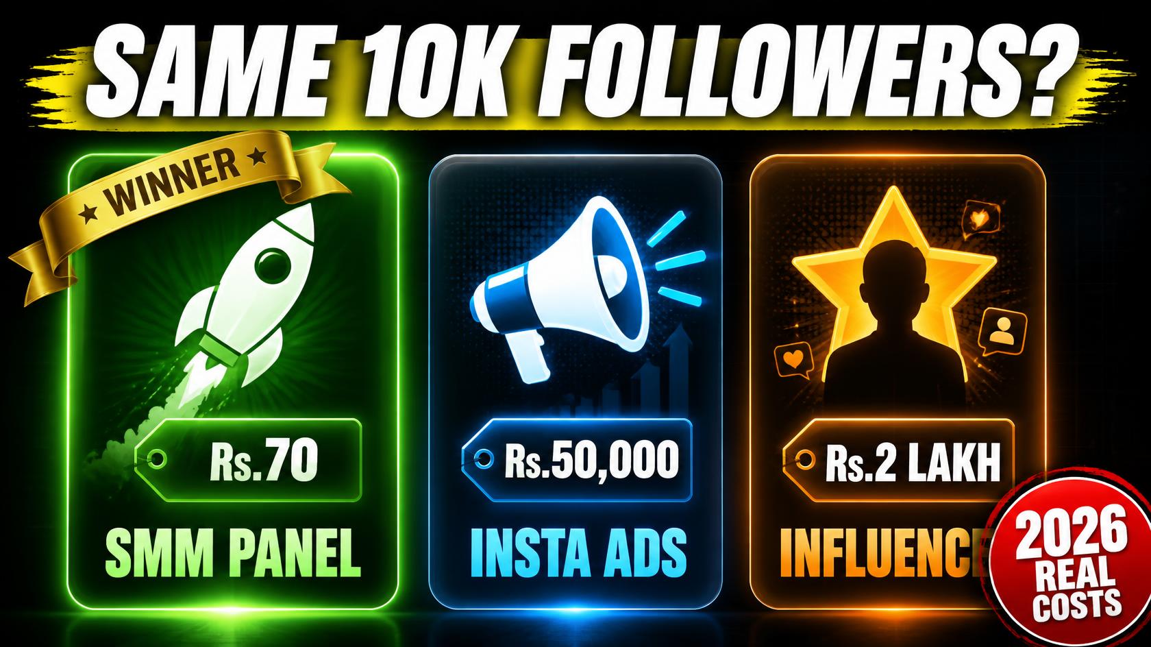 Cost comparison graphic of SMM panel versus Instagram ads versus influencer marketing in 2026 with price tags and growth arrows