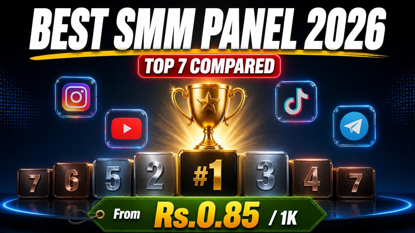 Best SMM Panel 2026 comparison graphic showing top 7 SMM panels ranked with pricing and trophy icon