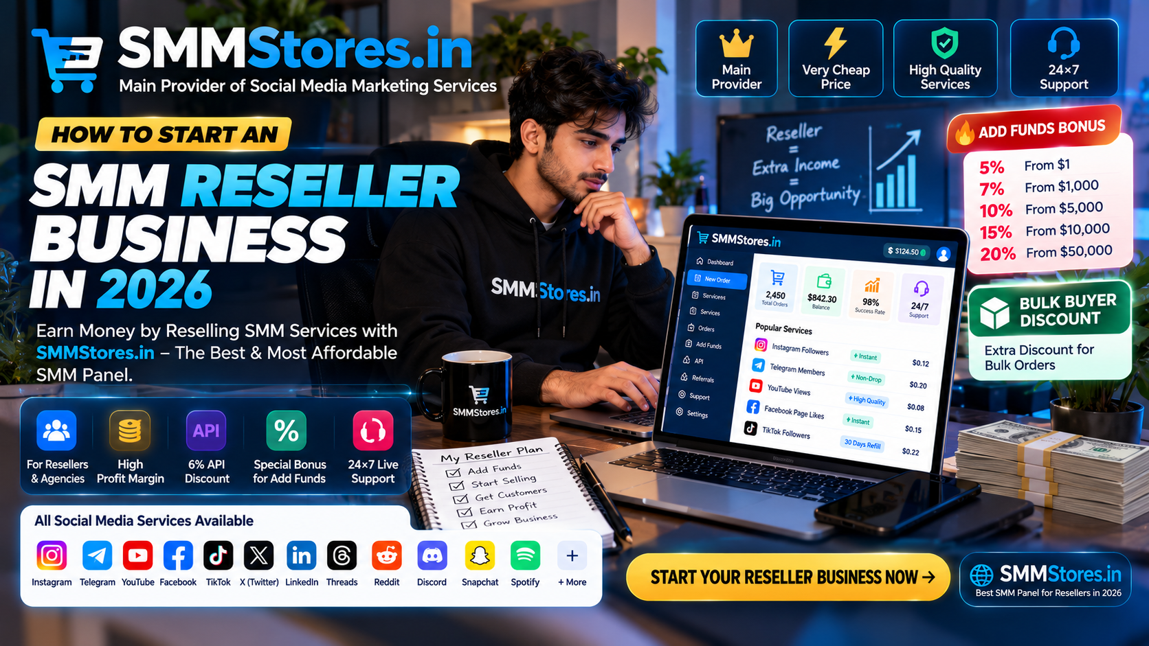 How to Start an SMM Reseller Business in 2026 with SMMStores.in – Affordable Main Provider, API Discounts, Add Funds Bonuses and 24x7 Support