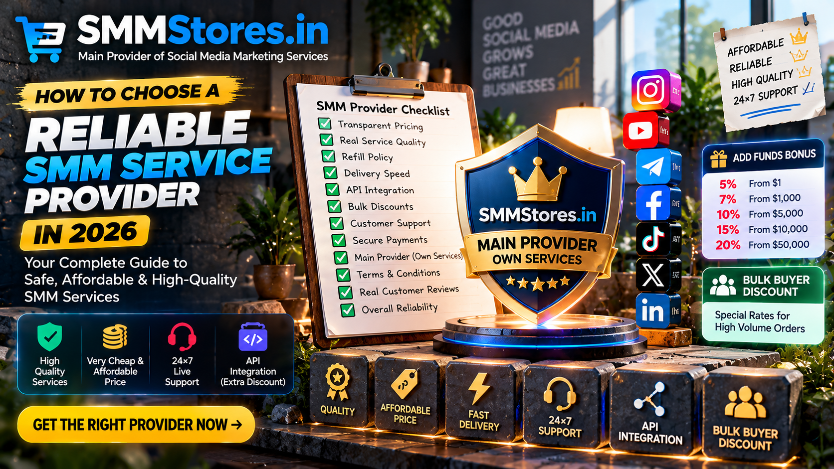 How to Choose a Reliable SMM Service Provider in 2026 – SMMStores.in main provider, affordable prices, service quality checklist, API discounts and 24x7 support