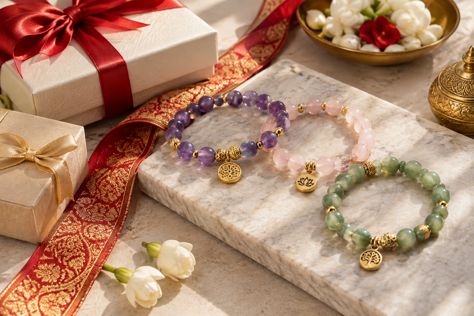 สร้อยข้อมือหินสีกับกล่องของขวัญและริบบิ้นแดงทอง ตัวอย่างสินค้าในการตลาดสายมู