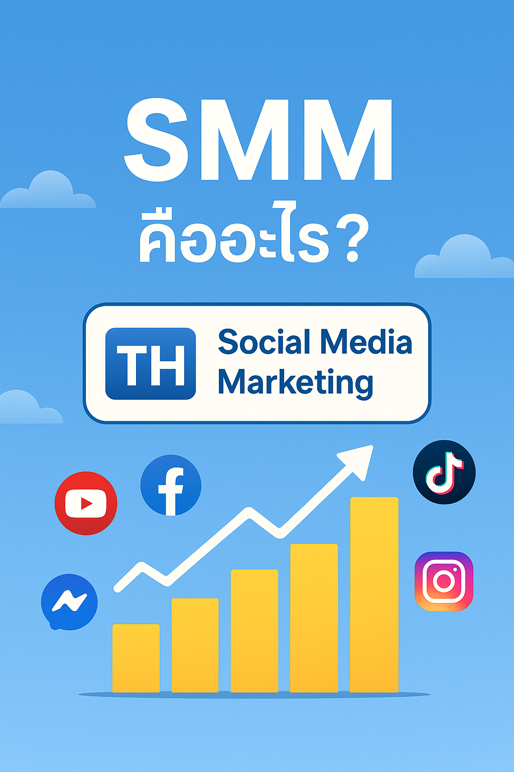 SMM คืออะไร? ทำความรู้จัก Social Media Marketing และผู้ให้บริการ SMM TH ในไทย SMM คืออะไร บริการ Social Media Marketing TH พร้อมกราฟยอดการเติบโตและไอคอน Facebook Instagram TikTok YouTube