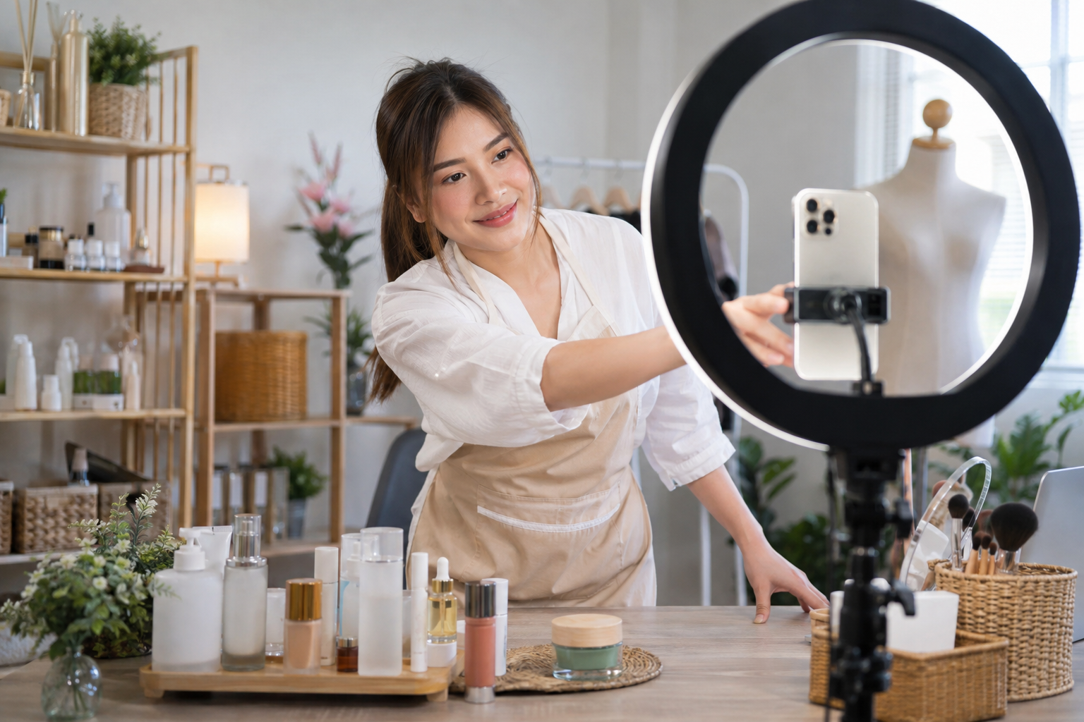 เจ้าของร้านเตรียมโทรศัพท์ ไฟ และสินค้าก่อนเริ่มไลฟ์