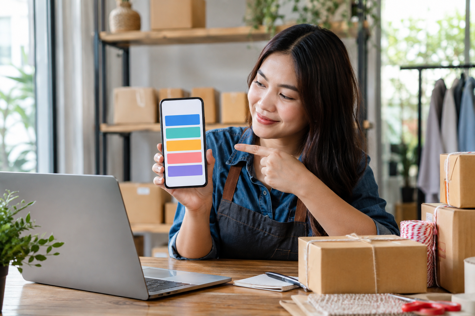 เจ้าของร้านเปิดหน้ารวมลิงก์บนมือถือข้างแล็ปท็อปและพัสดุ