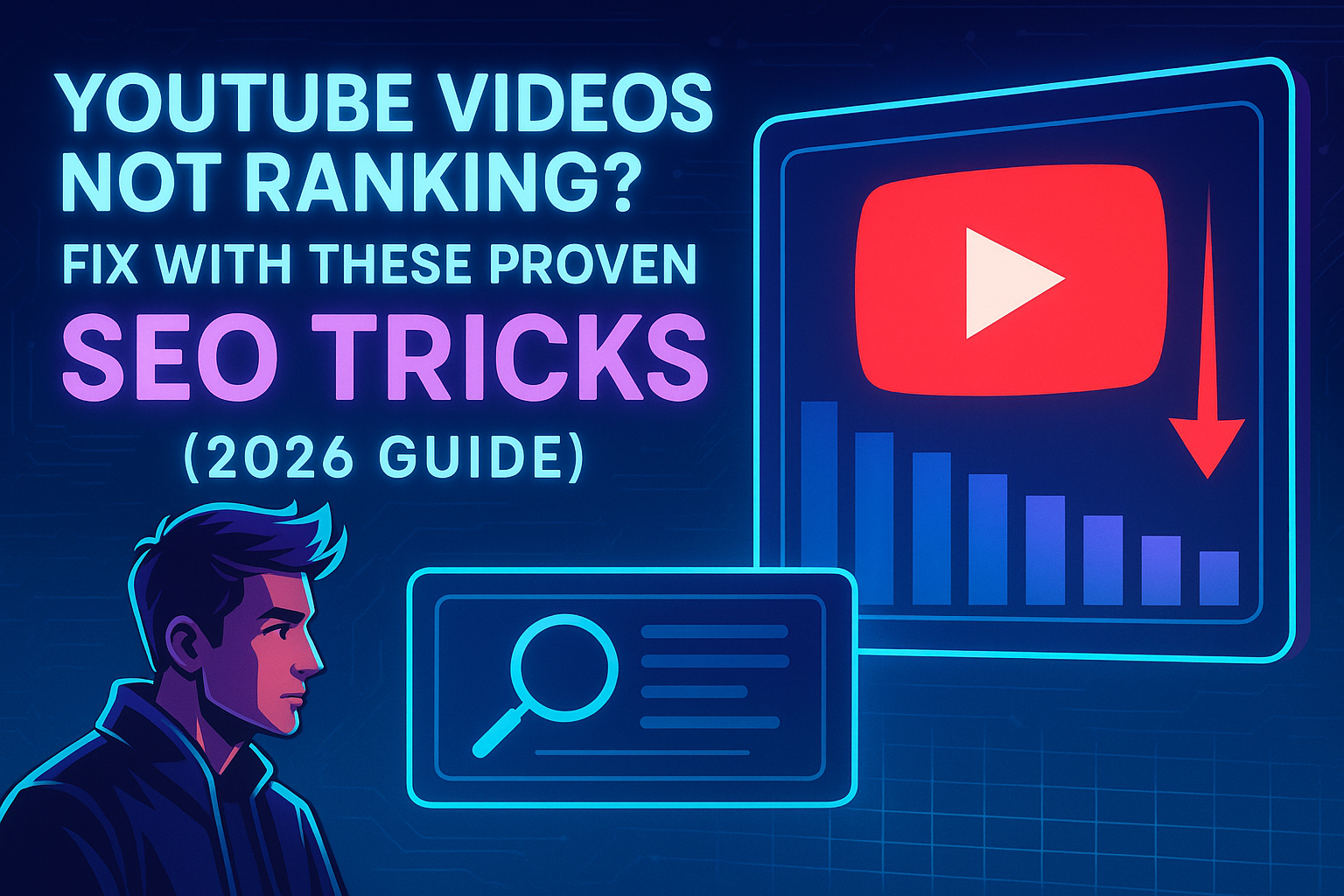 Futuristic 16:9 illustration showing YouTube SEO tricks for 2026, including ranking decline graph, YouTube logo, and neon digital design with the title “YouTube Videos Not Ranking? Fix with These Proven SEO Tricks”.